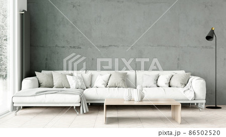 Modern stylish interior of the living room, a room with a wooden floor and a large window. 3D rendering 86502520
