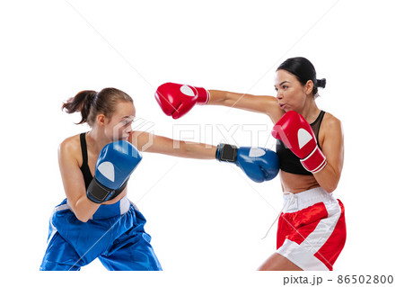 Dynamic portrait of two female professional boxers boxing isolated on white studio background. Couple of fit muscular caucasian athletes fighting. Sport, competition Dynamic portrait of two female professional boxers boxing isolated on white studio background. Couple of fit muscular caucasian athletes fighting. Sport, competition 86502800