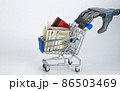 robot arm pushes a supermarket cart. white background, free space. technology future, artificial intelligence in trade  86503469