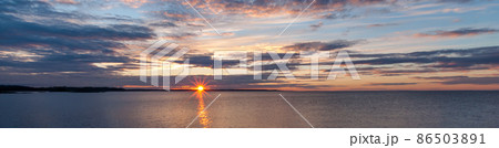 Sunset on lake with waves and cloudy sky landscape 86503891