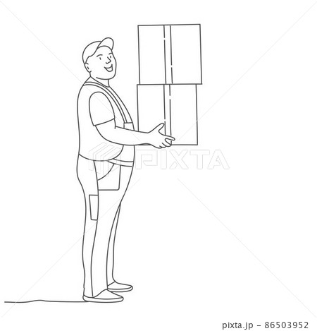 Worker carry cardboard box. Delivery company. Loader service. Worker carry cardboard box. Delivery company. Loader service. 86503952
