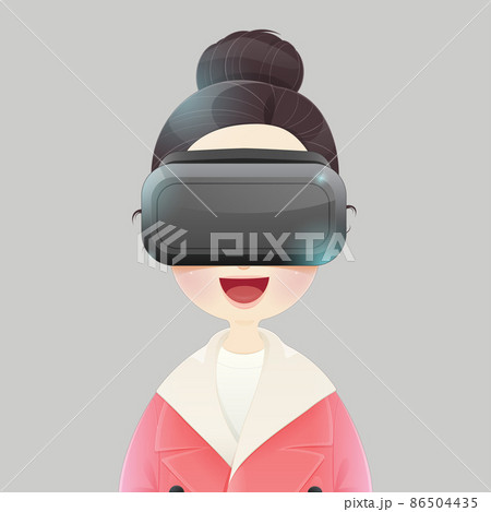 Woman wearing virtual reality device. Woman wearing virtual reality device. 86504435