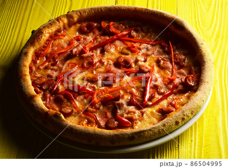 Restaurant menu and italian cuisine concept. American spicy pizza Restaurant menu and italian cuisine concept. American spicy pizza 86504995