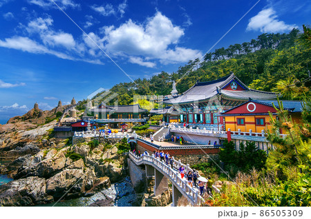Haedong Yonggungsa Temple and Haeundae Sea in Busan, South Korea. Haedong Yonggungsa Temple and Haeundae Sea in Busan, South Korea. 86505309