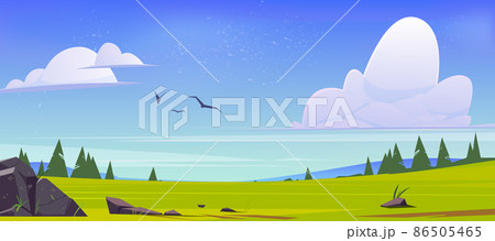 Meadow with green grass, conifers and hills 86505465