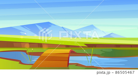 Cartoon nature landscape wooden bridge over river 86505467