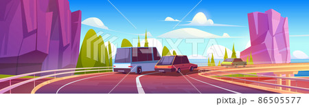 Cars driving on overpass road on sea shore 86505577