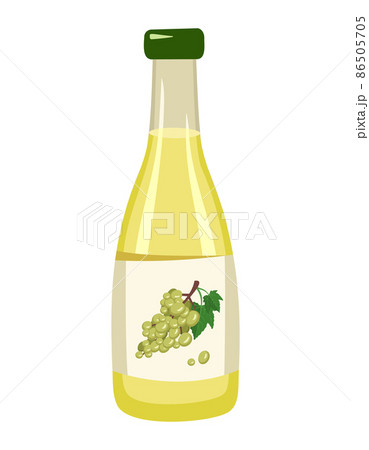 Bottle with yellow grape juice, whole fruit with leaves. Delicious healthy drink and product. Food vector flat illustration 86505705
