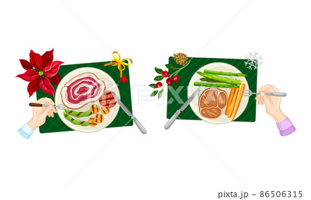 Christmas Eve traditional dishes set. Top view of human hands and festive dishes served on plates vector illustration 86506315