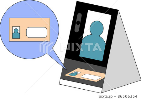 医療機関・薬局向け顔認証付きカードリーダーとマイナンバーカードのイラスト. 86506354