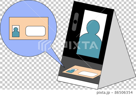 医療機関・薬局向け顔認証付きカードリーダーとマイナンバーカードのイラスト. 86506354