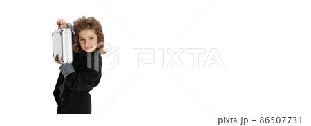 Flyer with portrait of liitle boy, kid in image of stylish hairdresser, barber isolated on white studio background. Concept of occupation, modern specialists, childhood 86507731
