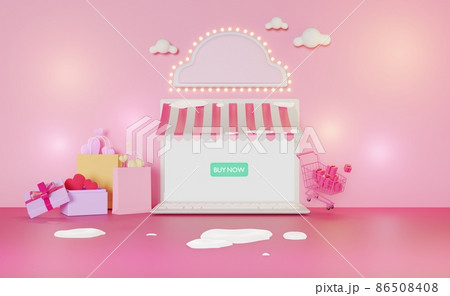 Happy Valentine's Day. 3D Shop facade, online shopping concept, Winter.  3d illustration or 3d render. 86508408