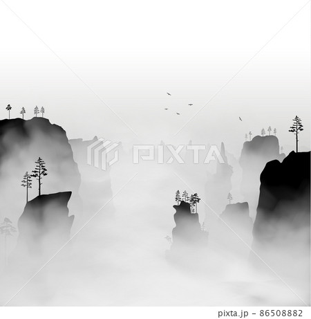 Grand canyon inside the dense fog at early morning. Beautiful landscape with monumental mountains 86508882