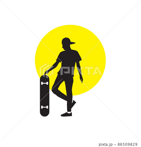 silhouette young man training skateboard with sunset logo design, vector graphic symbol icon illustration creative idea silhouette young man training skateboard with sunset logo design, vector graphic symbol icon illustration creative idea 86509829