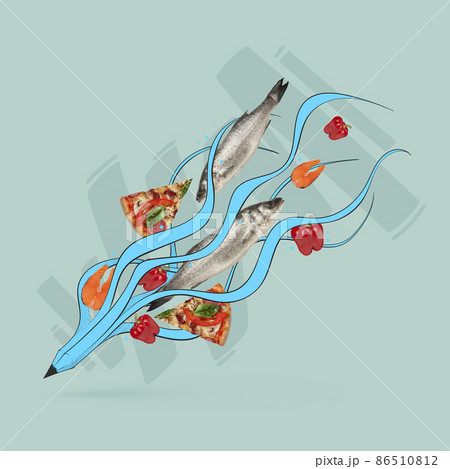 Modern design. Contemporary art collage. Idea, inspiration, aspiration and creativity. Flying drawn pencil with junk food. Concept of taste, traditions, food Modern design. Contemporary art collage. Idea, inspiration, aspiration and creativity. Flying drawn pencil with junk food. Concept of taste, traditions, food 86510812