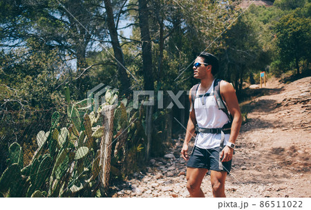 Man with backpack walking during trip 86511022