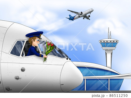 Greeting card for March 8. International Civil Aviation Day. Airport, pilot, bouquet of flowers, plane. International Women's Day. 86511250