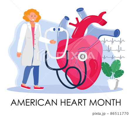 American Heart Month concept vector. Heart disease concept with cardiologist, EKG, cardiogram. Medical template of hypotension American Heart Month concept vector. Heart disease concept with cardiologist, EKG, cardiogram. Medical template of hypotension 86511770