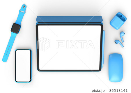 Computer tablet with mouse, smartwatch, phone and headphone on white background 86513141