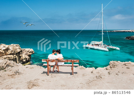 Honeymoon traveller couple hugging on a wooden bench and enjoys their tropical holiday. Wedding travel. Young happy couple sitting back on beach. Rear view of a couple in love on vacation. Travelers 86513546