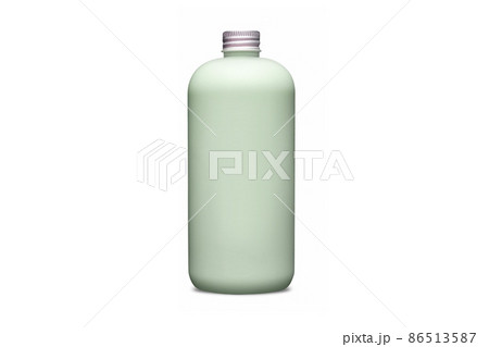 Green bottle with metal aluminum cap isolated on white background. Cosmetic bottle with dispenser liquid container for gel, lotion, bath foam 3d illustration realistic mockup. Sanitizer pump. 86513587