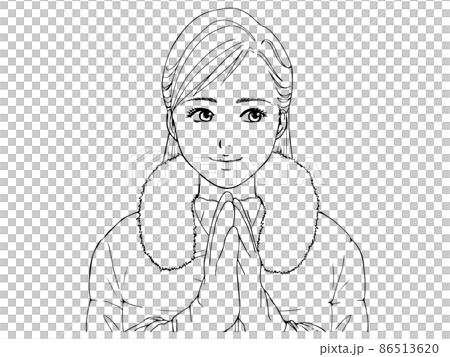 ダウンコートと手袋を身に着けた、横目の女性(線画) 86513620