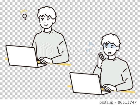 ノートパソコンで在宅ワークをする男性のイラスト素材セット ノートパソコンで在宅ワークをする男性のイラスト素材セット 86513747