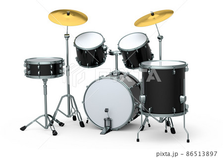 Set of realistic drums with metal cymbals on white background. 3d render concept of musical percussion instrument, drum machine and drumset 86513897