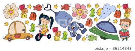 School and kindergarten vector pattern with little children. Girl and boys play and study 86514843