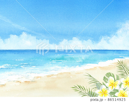 夏の海の風景　プルメリアとヤシの葉とモンステラの飾り　手描きアナログ水彩イラスト 86514925