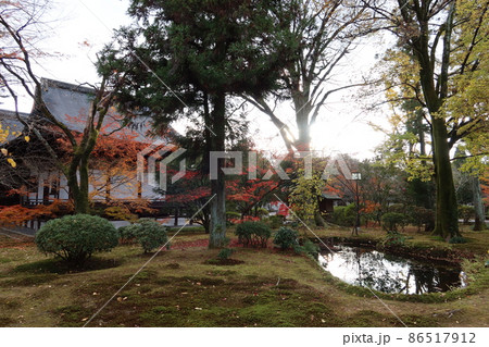 京都市太秦にある広隆寺境内の新霊宝殿と弁天社と池と紅葉の風景 京都市太秦にある広隆寺境内の新霊宝殿と弁天社と池と紅葉の風景 86517912