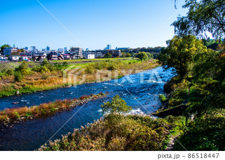 杜の都仙台　広瀬川　秋　牛越橋から下流左岸の家並みを望む 86518447