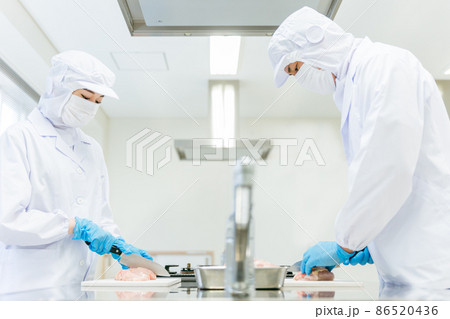 食品加工の仕事をする調理員の男女 86520436