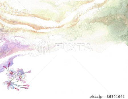 桜と水彩の波のようなにじみの和風背景壁紙のイラスト素材