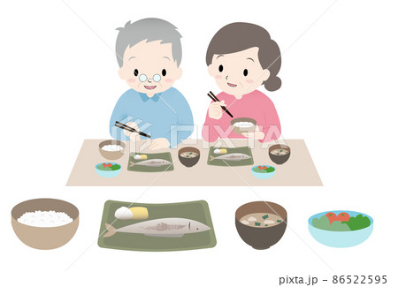 高齢者のおじいさん、おばあさん二人が美味しそうに食事、ご飯を食べているイラストセット 86522595