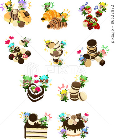 クロワッサンやパフェやケーキなどのチョコレートスイーツと可愛い花の妖精たちのイラスト クロワッサンやパフェやケーキなどのチョコレートスイーツと可愛い花の妖精たちのイラスト 86522832