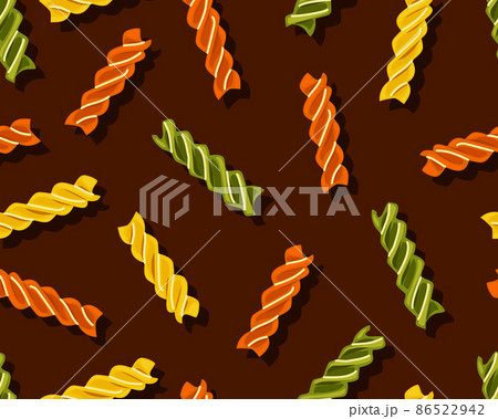 Multi colored pasta fusilli on a dark background seamless pattern. Symbol of italian cuisine menu. Vector cartoon background. 86522942