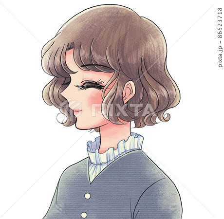 少女漫画風イラスト 笑顔の女学生の横顔のイラスト素材