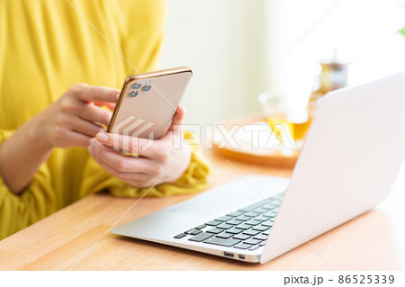 リビングでパソコンとスマホをする女性　スマホ　パソコン　リビング　ライフスタイル 86525339