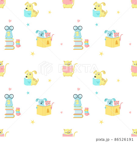 Vector seamless pattern with cute reading animals 86526191