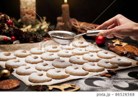 Traditional German or Austrian Vanillekipferl vanilla kipferl cookies on wooden table 86526568