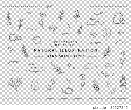 シンプルナチュラルな植物の飾りイラストのセット　花　葉　手描き　ボタニカル　装飾　自然　オーガニック 86527245
