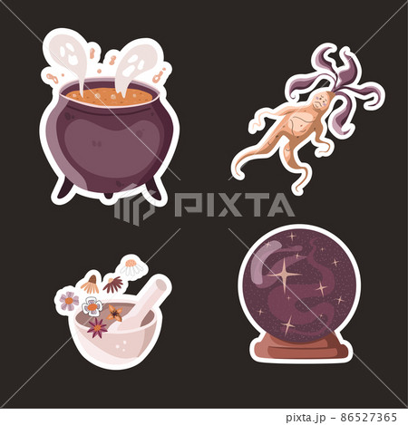 Witchy stiker shit set with cauldron, mandrake root, crystal ball and mortar and pestle 86527365