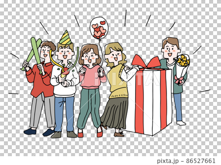 慶祝生日的人 可笑的手寫人物插圖 具有簡單著色白色背景的矢量線圖 86527661