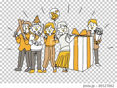 お誕生日を祝う人々　コミカルな手書きの人物イラスト　ベクター線画にシンプルな色つけ　白バック 86527662