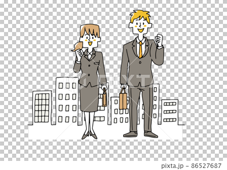 ビル街でガッツポーズをするビジネスマン コミカルな手書きの人物イラスト ベクター線画にシンプルな色のイラスト素材