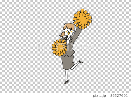 声援を送るビジネスウーマン　コミカルな手書きの人物イラスト　ベクター線画にシンプルな色つけ　白バック 86527691
