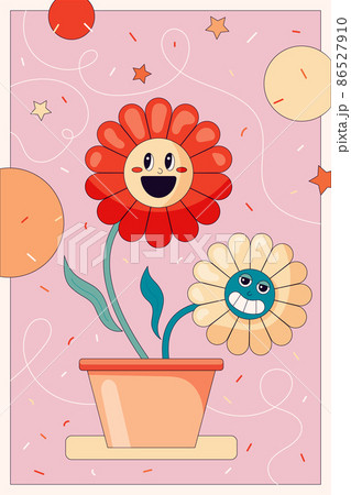 Comic flower in trendy retro cartoon style Funny flower in a pot character on abstract background. Vector illustration 86527910
