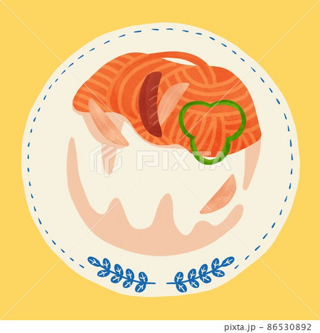 真上アングル ナポリタン食べ残しの手描きイラストのイラスト素材